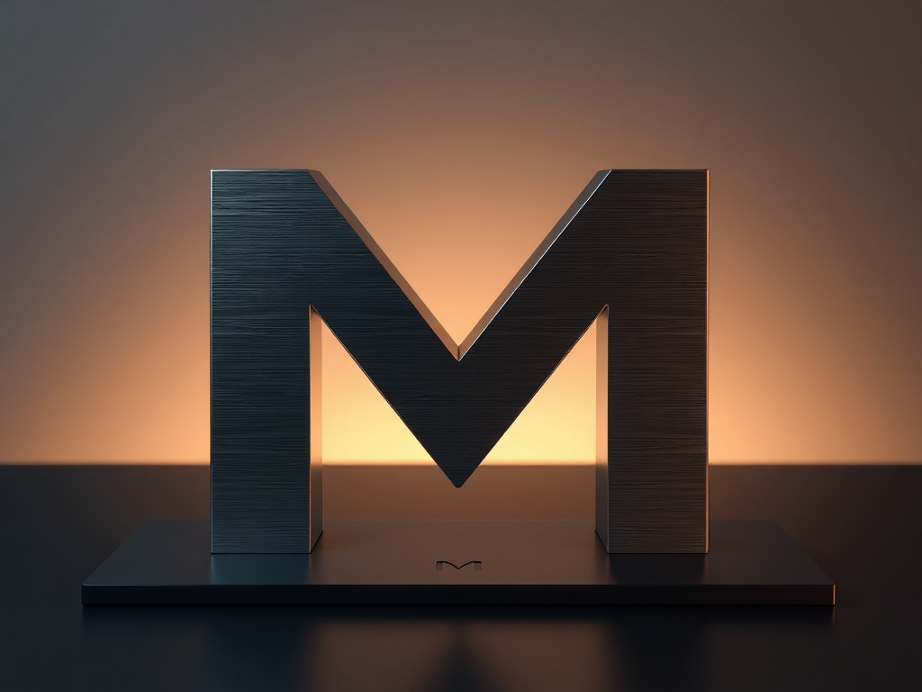A stylized letter 'M' made of smooth brushed metal, set on a dark surface with a soft glow behind. Minimalist, 8k render.